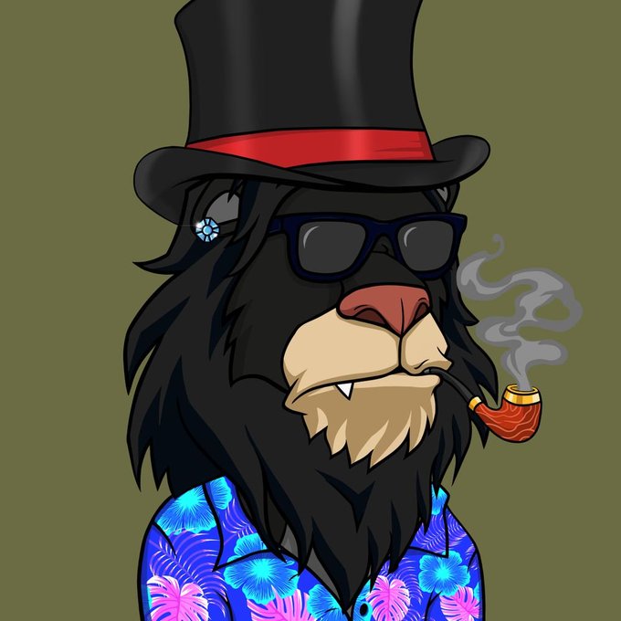 A digital illustration of a lion wearing a black top hat with a red band, sunglasses, and a blue floral shirt while smoking a pipe.