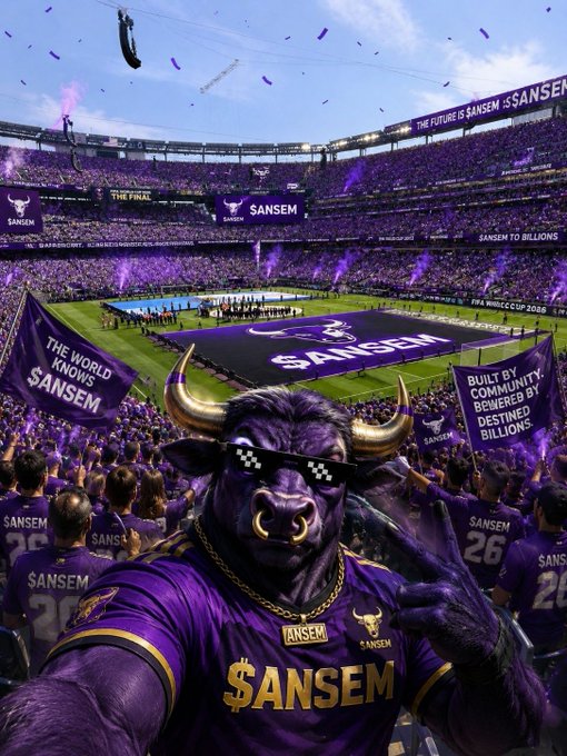 A purple bull mascot wearing sunglasses and a '$ANSEM' jersey takes a selfie in a stadium packed with fans waving purple banners and flags branded with 'SANSEM' and 'SANSEM TO BILLIONS'.