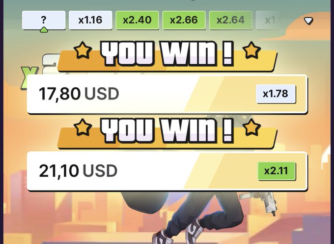 A video game win screen showing 'YOU WIN!' twice with winnings of '17,80 USD' (x1.78) and '21,10 USD' (x2.11), with a multiplier bar above.