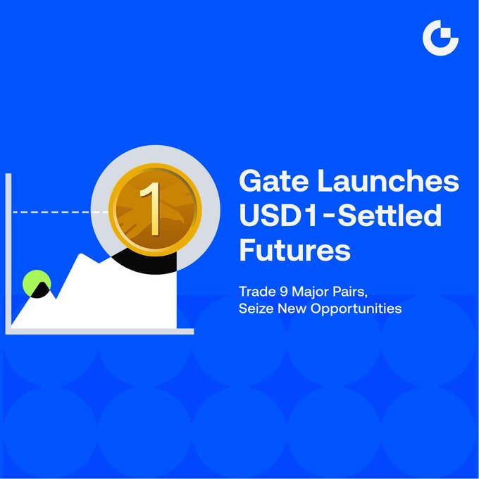 Gate cryptocurrency exchange announces the launch of USD1-settled futures trading, featuring 9 major trading pairs with the tagline "Trade 9 Major Pairs, Seize New Opportunities." The promotional graphic displays a gold coin marked "1" alongside a mountain chart icon on a blue background, highlighting popular markets like BTC, ETH, SOL, XAU, and XAUT with zero maker fees and reduced taker fees.