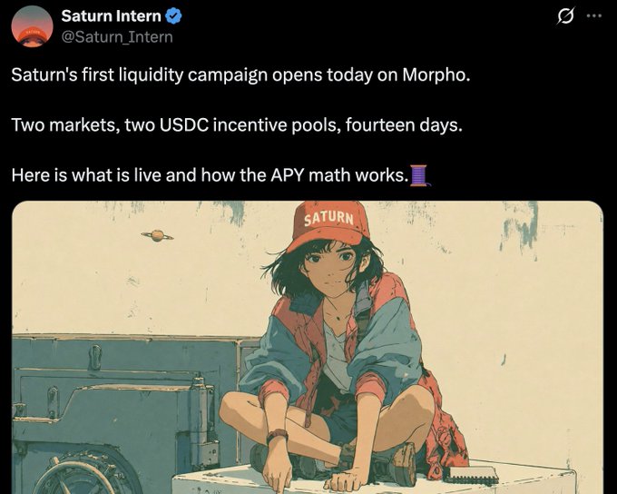 The image features a cartoon girl sitting on top of a box with the caption "Saturn Intern's first liquidity campaign opens today on Morpho." The girl appears to be wearing a red hat, which adds a pop of color to the scene. The text in the image suggests that there is a connection between the girl and the post about the campaign.