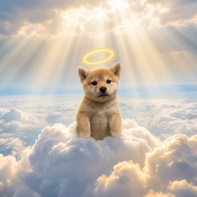 An adorable Shiba Inu puppy with a glowing golden halo sits perched atop fluffy clouds beneath heavenly sun rays in the sky.

The image reinforces the post's theme of a "next CATE" (cat) meme coin with angelic, divine imagery—presenting the puppy as a heavenly, blessed investment opportunity alongside the contract address "48HimqX34gdcKQeMJdqgW4etPyDo3xCcdHNXMDnCpump" and ticker $HI.