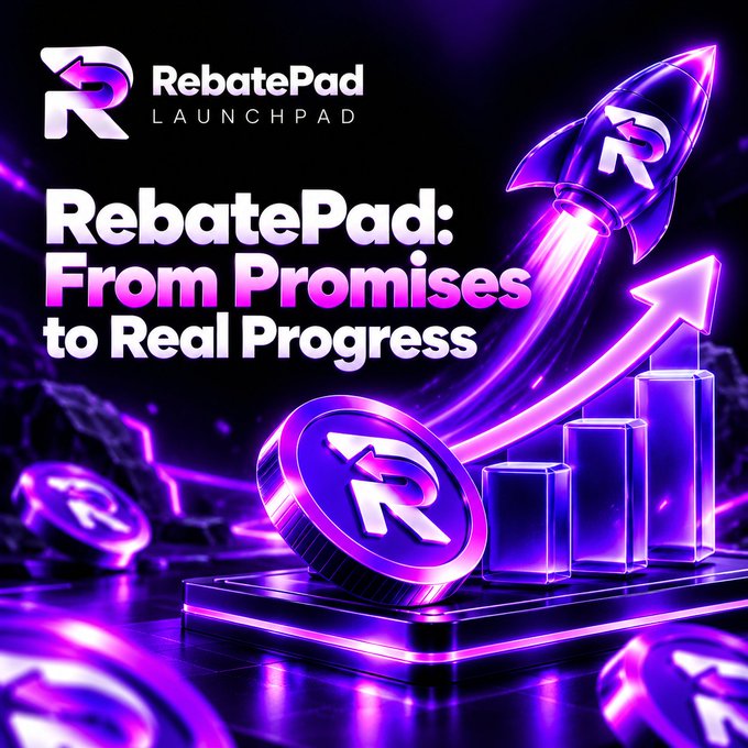 A neon purple and black promotional graphic for “RebatePad Launchpad” featuring the text “RebatePad: From Promises to Real Progress,” with glowing coins, an upward arrow, bar chart, and rocket imagery.