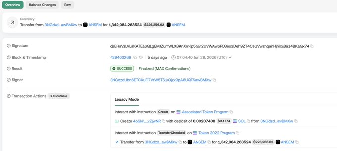Blockchain transaction record showing a successful transfer of 1,342,084.263624 SOL ($226,256.62) to ANSEM, with block 429403269 dated June 28, 2026.