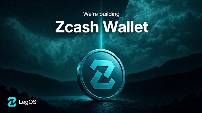 A promotional graphic with the text 'We're building Zcash Wallet' above a large 3D Zcash coin, branded with the 'LegOS' logo in the bottom left, set against a dark cloudy sky.