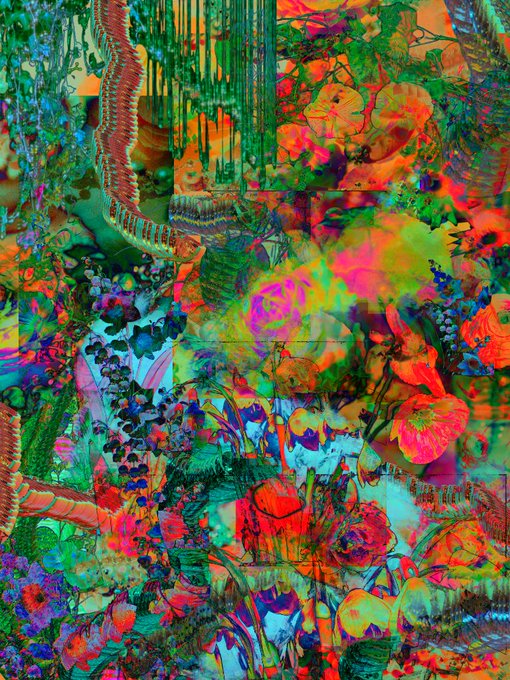 A colorful, abstract digital artwork featuring vibrant flowers, greenery, and psychedelic patterns in bright pinks, greens, blues, and oranges.
