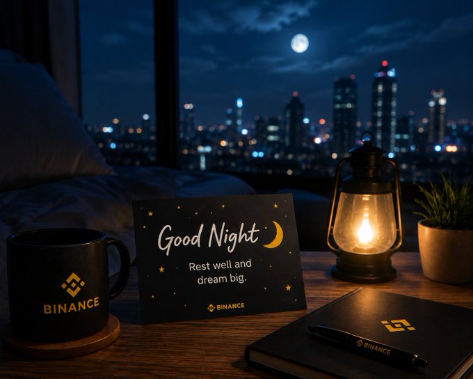 A cozy nighttime scene featuring a "Good Night - Rest well and dream big." card alongside a Binance-branded mug, notebook, and pen, all illuminated by a vintage lantern with a moonlit city skyline in the background—perfectly complementing the post's message to the crypto community to rest and recharge.