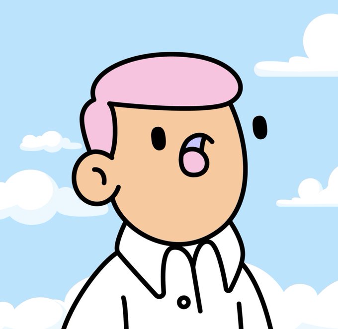 A simple cartoon illustration of a character with pink hair and a white collared shirt, with an open mouth and floating dot against a blue sky with white clouds.