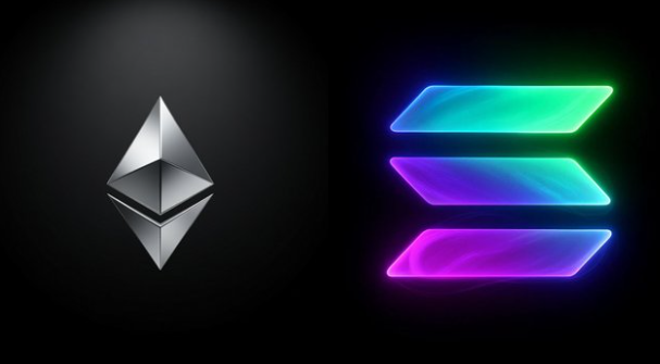 The image displays the Ethereum (ETH) logo on the left, recognizable by its silver diamond-shaped symbol, alongside the Solana (SOL) logo on the right, featuring its signature three stacked bars in a vibrant green, blue, and purple gradient. This visual ties directly to the post's question about which cryptocurrency—$ETH or $SOL—will outperform the other in the current cycle, presenting the two competing blockchain networks side by side for comparison.