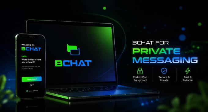 Promotional graphic for "BCHAT for PRIVATE MESSAGING" displayed on a laptop and smartphone, highlighting End-to-End Encrypted, Secure & Private, and Fast & Reliable features. The image aligns with the post's emphasis on privacy as digital infrastructure, showcasing BChat as one of BeldexCoin's suite of privacy-focused tools for secure communication.