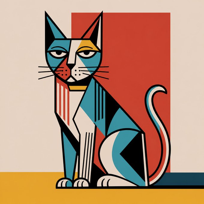 A stylized, cubist-inspired illustration of a cat with geometric features in blue, red, white, and yellow, sitting against a red rectangular backdrop on a cream-colored background.