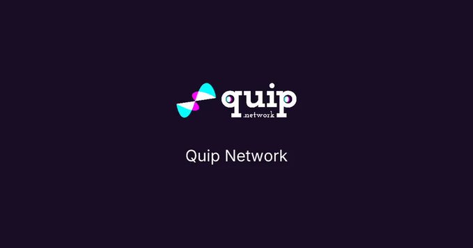 A logo for 'quip network' featuring stylized triangular shapes in teal and pink/magenta on a dark purple background.