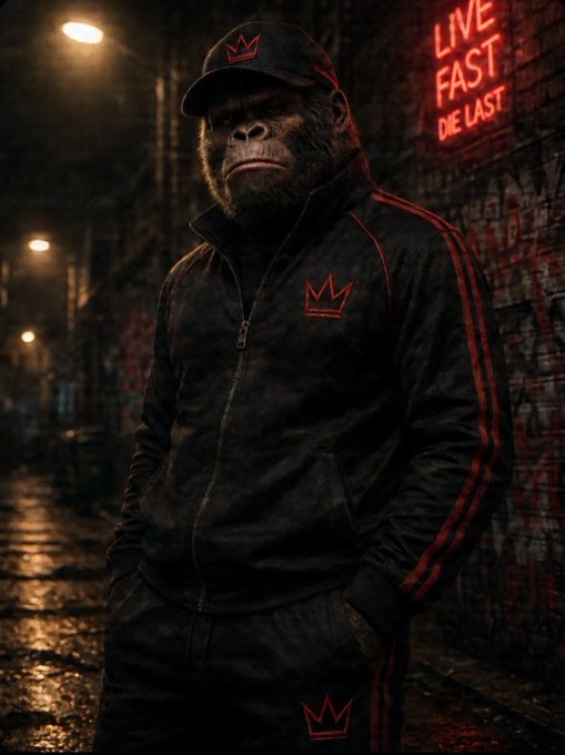 A chimpanzee wearing a black tracksuit adorned with red crown logos and a matching cap, standing in a dark alley beneath a neon sign that reads 'LIVE FAST DIE LAST'.