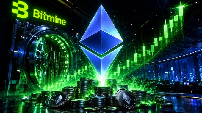 The image features a glowing Ethereum logo alongside the Bitmine logo, stacks of ETH coins, and a rising green candlestick chart, visually symbolizing Bitmine's massive unrealized ETH profits if Ethereum breaks above $4,900.