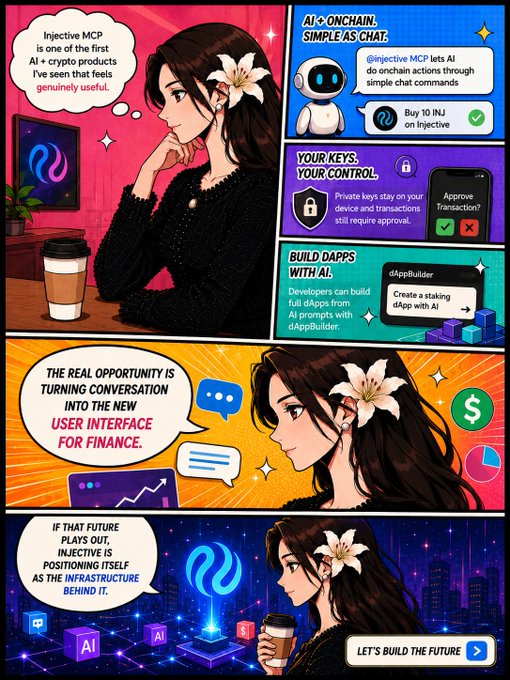 The image features a cartoon girl with long brown hair, wearing a black sweater, sitting at a desk while holding a cup of coffee. The scene includes text that reads "Injective MCP" and "Let's build the future". This suggests that the image is related to an advertisement for an AI product or service called Injective MCP.