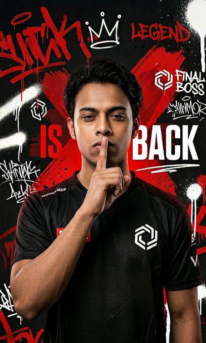 A young man in a black Immortals esports jersey holds his finger to his lips in a 'shh' gesture, with a dramatic red and black graffiti-style background reading 'LEGEND' and 'IS BACK' with the 'FINAL BOSS' logo.