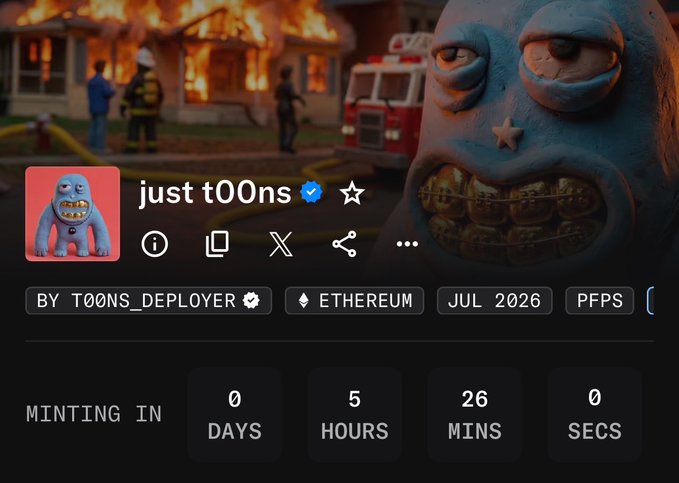 A digital NFT marketplace listing displays the collection "just t00ns" by T00NS_DEPLOYER on Ethereum, with a mint countdown of 0 days, 5 hours, 26 minutes, and 0 seconds remaining. The artwork features a blue cartoon character with a star on its forehead and gold teeth, set against a backdrop of a burning house and fire truck, matching the hyped upcoming mint priced at 0.0093 ETH ($17) on OpenSea.