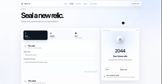 A webpage interface for 'RELIC' showing a form to 'Seal a new relic' with options for ETH, ERC20, and NFT blockchain, displaying a preview of a future relic unsealed in 2044.