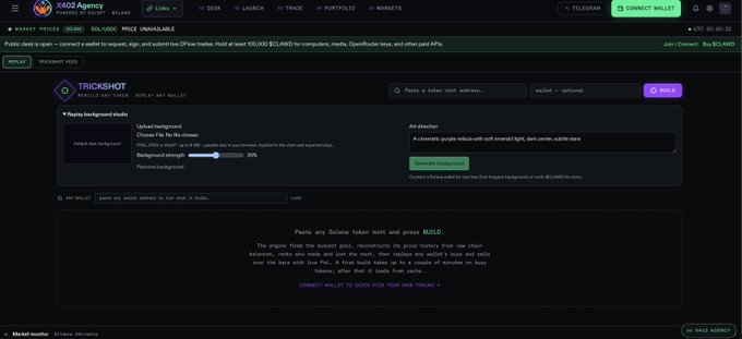 A screenshot of the X402 Agency website showing a 'TRICKSHOT' Solana token minting tool interface.