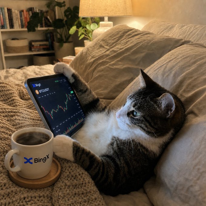 A tabby cat lounges on a bed next to a BingX-branded coffee mug, with one paw resting on a phone displaying a "BTC/USD" trading chart. The cozy scene perfectly captures the post's message, showing the cat staying relaxed ("pawsitive") while enjoying both caffeine and crypto trading app.

Key text visible: "BingX" (on the mug), "BTC/USD" and "BingX" (on the phone screen showing Bitcoin price charts).