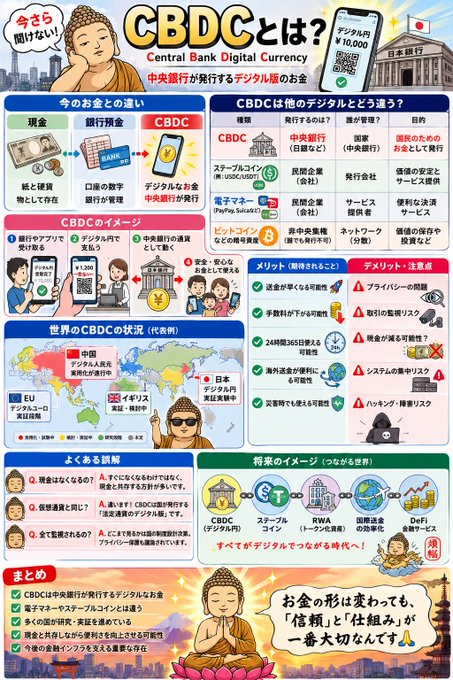 A Japanese infographic explaining Central Bank Digital Currency (CBDC), featuring a Buddha character and covering topics like differences from other digital currencies, images, global status, and Q&A sections.
