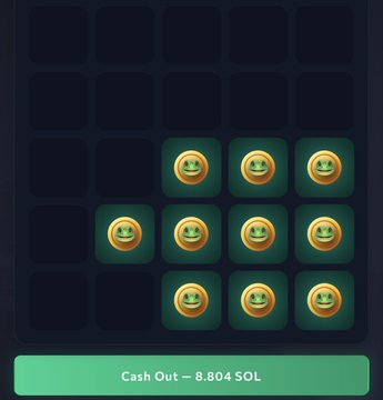 The image shows a square grid of nine squares, each containing a gold coin with a green face on it. The coins are arranged in three rows and three columns. Below this display, there is text that reads "Cash Out - 8SOL". This suggests that the image might be related to an advertisement or promotional material for a cryptocurrency exchange or payment platform offering cash out services.