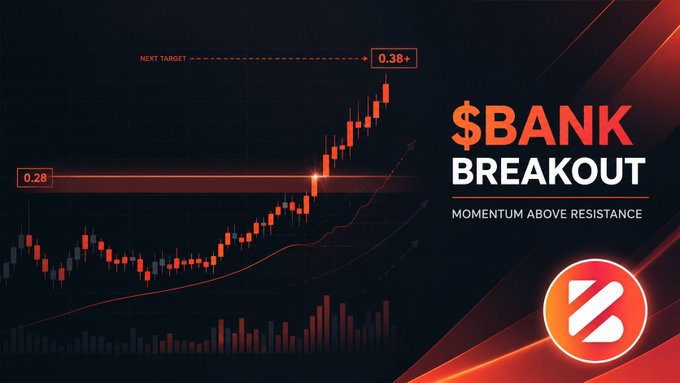 A financial chart graphic with the text "$BANK BREAKOUT" and "MOMENTUM ABOVE RESISTANCE," showing a price target of 0.38+ above 0.28 resistance.