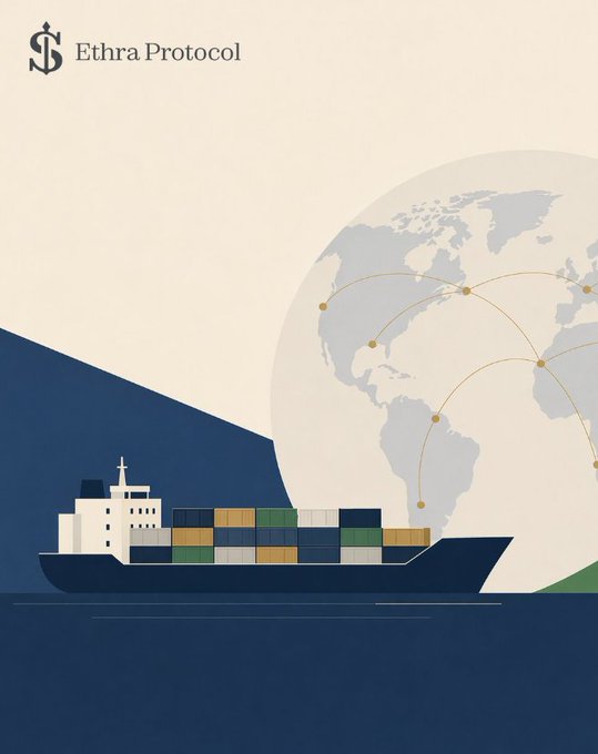 An illustration of a cargo ship with shipping containers sailing past a globe showing global trade routes, branded with the 'Ethra Protocol' logo.