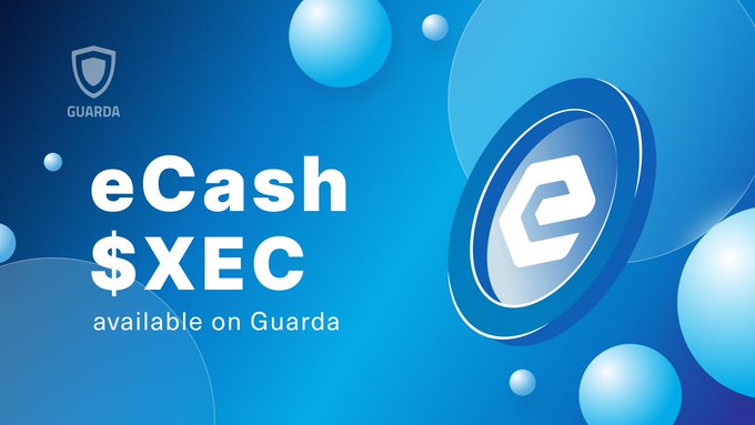 A promotional graphic with a blue background featuring the Guarda shield logo, "eCash $XEC available on Guarda" text, and a 3D-rendered eCash coin alongside floating spheres, announcing the listing of eCash ($XEC) on the Guarda Wallet platform for peer-to-peer payments.