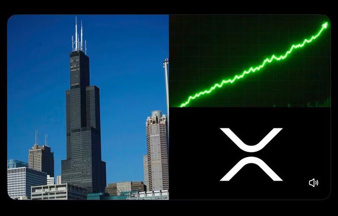 A split image showing a tall black skyscraper (likely the Willis/Sears Tower) on the left, and on the right a green upward-trending line graph above a stylized white 'X' logo on a black background, representing XRP cryptocurrency price growth.