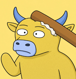 A cartoon illustration of a yellow cow/bull character with blue horns looking dazed as a baseball bat strikes its head.
