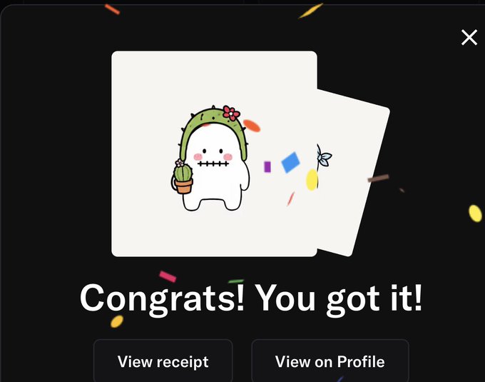 A mobile app screen with a dark background displaying "Congrats! You got it!" alongside a cute cartoon character resembling a tooth with a green cactus hat and a small potted plant, with buttons for "View receipt" and "View on Profile."