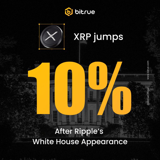 The image is a Bitrue promotional graphic featuring the Bitrue logo at the top and an XRP coin icon, with text announcing "XRP jumps 10% After Ripple's White House Appearance" displayed over a dark, silhouetted image of the White House, visually reinforcing the post's claim about XRP's price surge following Ripple's Washington meeting.