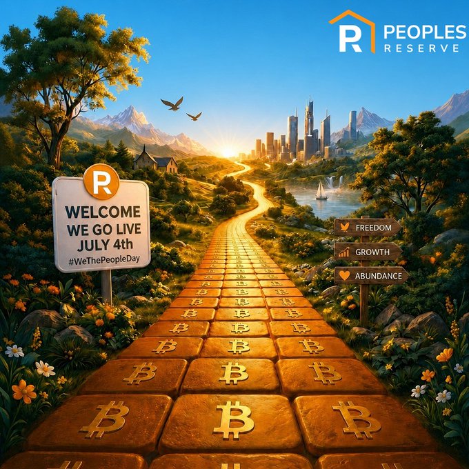 The image features a large, colorful painting of a path leading towards a city skyline with buildings at the end. The path is made up of small squares, each containing a Bitcoin symbol. The painting also includes text that reads "Welcome We Go Live July 4th", indicating an event or promotion related to Bitcoin. The post about Bitcoin-powered mortgages has been shared on social media and is being promoted as a way for people to invest in Bitcoin while securing their finances with affordable mortgage rates.