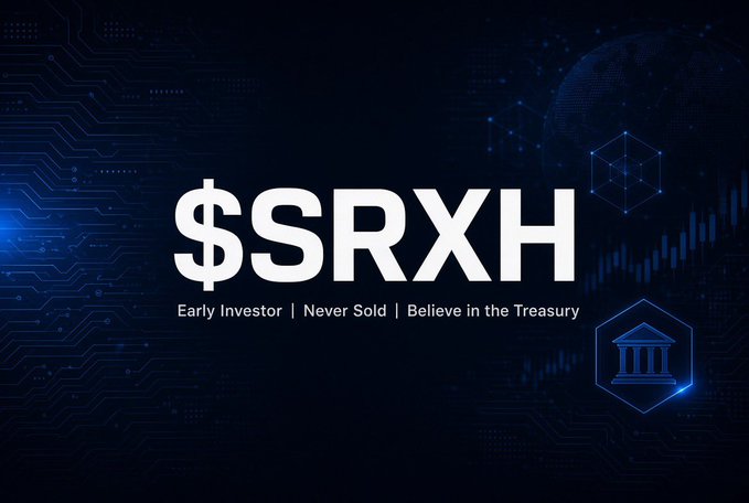 The image displays a graphic with the text "$SRXH" prominently centered, accompanied by the phrases "Early Investor | Never Sold | Believe in the Treasury" and a small building icon, set against a dark blue tech-themed background. This visual reinforces the post's message about reaching the 10% retail share count goal for $SRXH, highlighting the user's long-term commitment and dedication to the company.