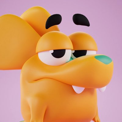 A 3D-rendered orange cartoon dog character with a smug expression, black eyebrows, teal nose, and small fangs against a pink background.