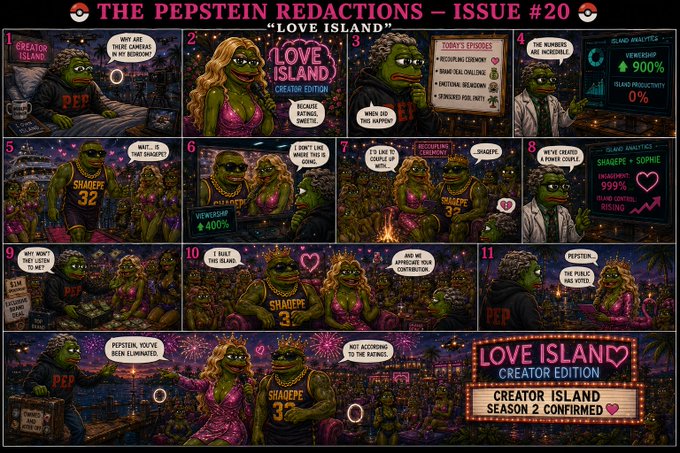 The image features a comic strip with various panels depicting different characters, including a man wearing a crown and a woman holding a sign that says "LOVE ISLAND". The comic strip also includes text elements such as numbers and logos related to the PEPSTEIN REDACTIONS issue #20.