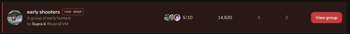 A group listing interface showing "early shooters" group with a "YOUR GROUP" tag, described as "A group of early hunters" by "Supra (@supraEVM)", with 5/10 members, 14,620 followers, 3 posts, and 2 comments.