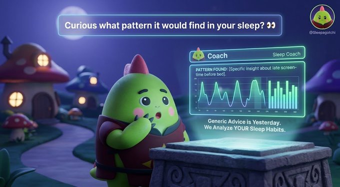 A 3D-rendered scene featuring a green, egg-shaped character looking at a holographic display labeled 'Coach' and 'Sleep Coach', with text above asking 'Curious what pattern it would find in your sleep?'