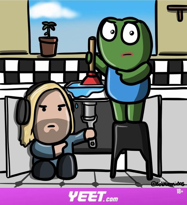 A cartoon shows a green frog-like character wielding a plunger atop a toilet while a bearded blonde man sits distressed below, with the "YEET.com" logo and "18+" text at the bottom, humorously illustrating the post's lighthearted take on navigating today's volatile crypto markets.