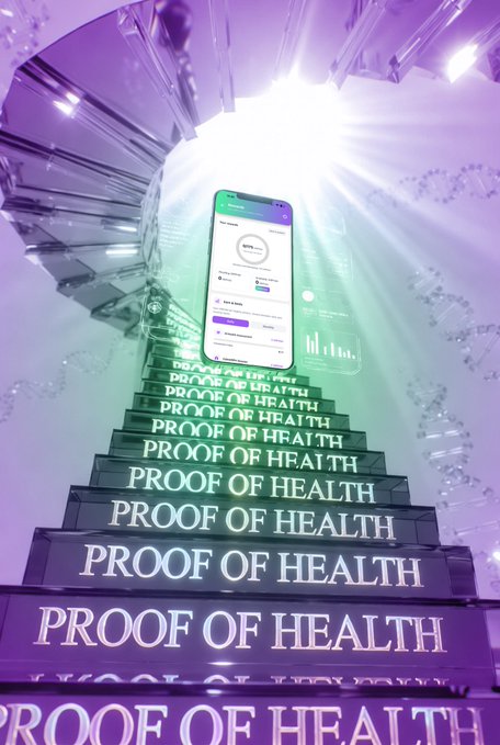 A staircase of glowing "PROOF OF HEALTH" steps leads up to a brightly illuminated smartphone displaying a health-tracking app interface, visually reinforcing the post's announcement of a crypto-rewarded AI healthcare system powered by $XRPHAI and $XRPH.