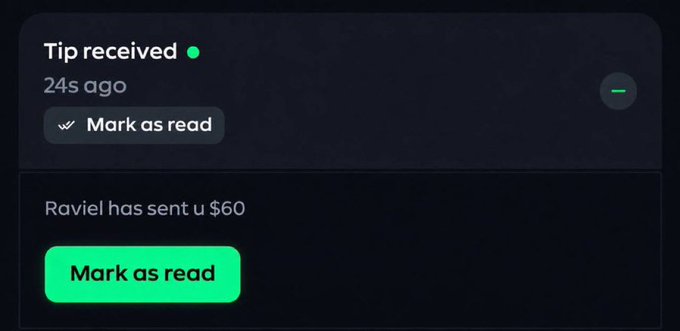 A "Tip received" notification indicating that user "Raviel" sent $60, with green "Mark as read" buttons, illustrating that at least one participant has already sent a tip in response to the giveaway request for Solana addresses.