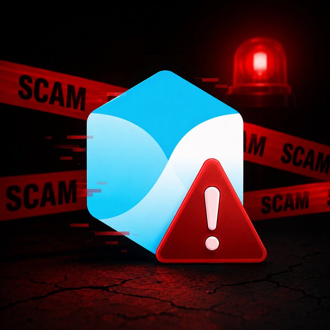 Warning graphic featuring a blue hexagonal logo with a red exclamation triangle and 'SCAM' warning tape crossing the background.