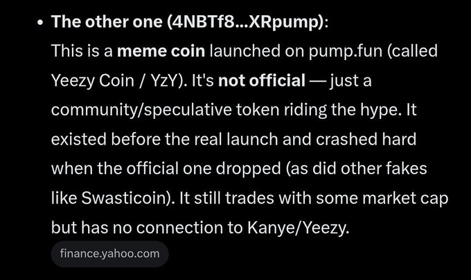 The image shows a bulleted point explaining that "Yeezy Coin / YzY" (contract 4NBTf8...XRpump) is an unofficial meme coin launched on pump.fun with no connection to Kanye/Yeezy, which crashed when the official one dropped. The caption highlights how speculative pump.fun tokens like YzY and "Swasticoin" are driven by KOL narrative creation and fake community hype rather than any real affiliation, illustrating the post's point that these meme coins are manufactured conspiracies designed to pump and dump.