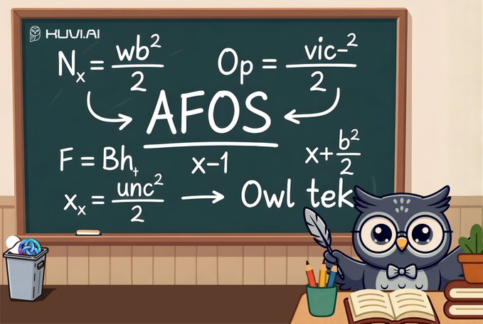 An illustrated classroom scene shows a blackboard filled with physics equations pointing to the acronym 'AFOS' and 'Owl tek', with a cartoon owl wearing glasses and a bowtie holding a feather quill beside a pot of pencils.