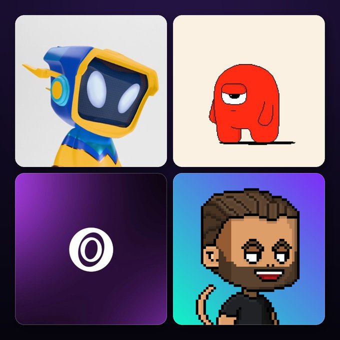 A 2x2 grid showing four icons: a blue and yellow robot mascot, a red Among Us-style character, a purple circle with a white logo, and a pixelated cartoon man with a beard.