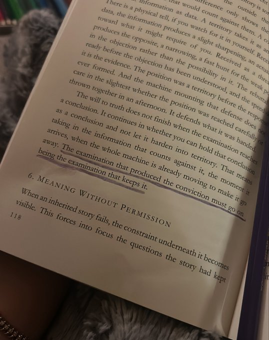 An open book on page 118 displays a philosophical passage with a purple-highlighted sentence about an examination reaching a conclusion, followed by a new section titled '6. MEANING WITHOUT PERMISSION'.