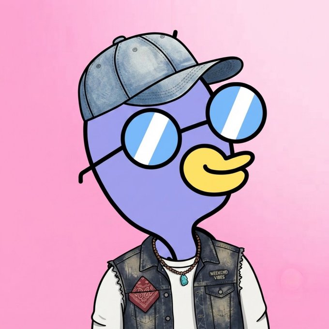 Cartoon illustration of a purple duck-like character wearing a blue cap, round sunglasses, and a denim vest with a 'WEEKEND VIBES' patch, set against a pink background.