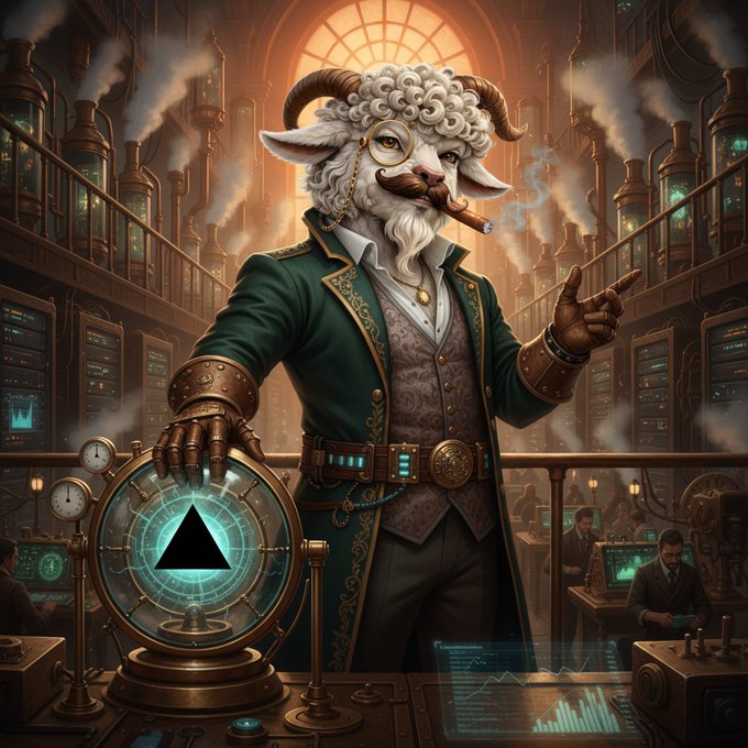 The image features a man dressed as a sheep, wearing a green suit with a mustache and holding a crystal ball. He appears to be standing in front of a desk filled with various objects such as clocks and monitors. The background shows an office setting with multiple people working at their desks. The post about the Pado DeFi Leaderboard is prominently displayed on the image, indicating that there might be some sort of trading event or competition taking place.