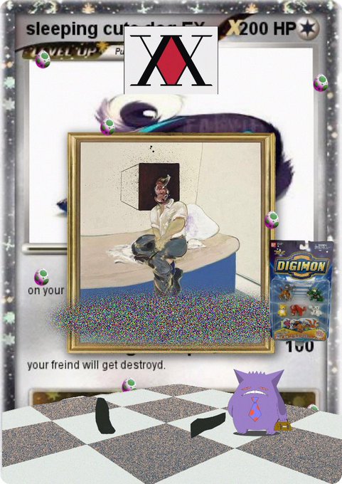 A chaotic mixed-media digital collage features a framed figure sitting on a bed, overlaid with a checkered floor, a Gengar Pokemon figure, a Digimon card, floating eyes, and glitchy text fragments.